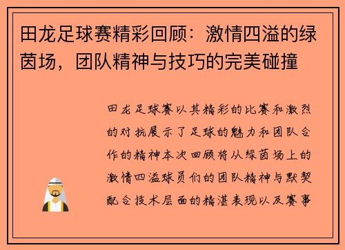 田龙足球赛精彩回顾：激情四溢的绿茵场，团队精神与技巧的完美碰撞