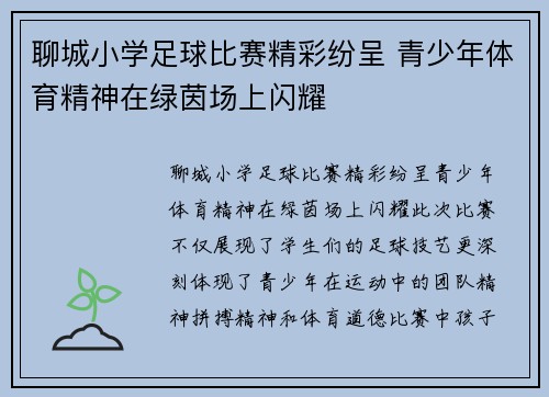 聊城小学足球比赛精彩纷呈 青少年体育精神在绿茵场上闪耀