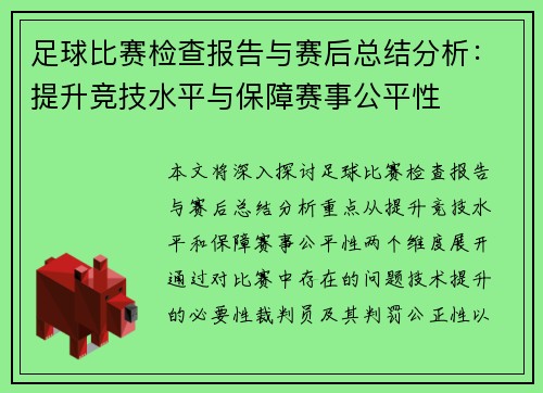 足球比赛检查报告与赛后总结分析：提升竞技水平与保障赛事公平性
