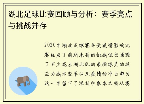 湖北足球比赛回顾与分析：赛季亮点与挑战并存