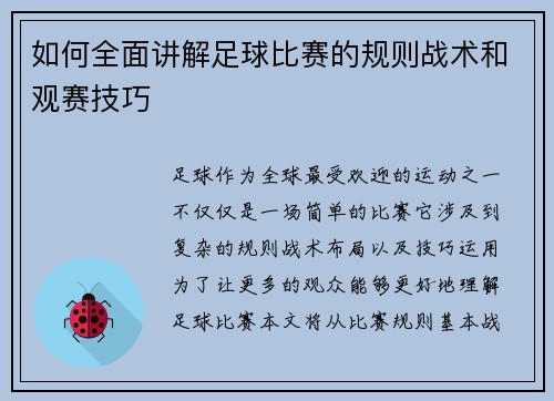 如何全面讲解足球比赛的规则战术和观赛技巧