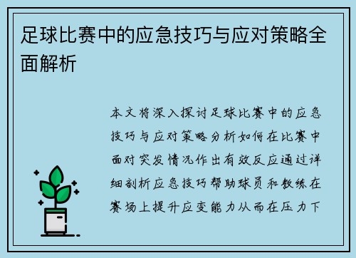 足球比赛中的应急技巧与应对策略全面解析