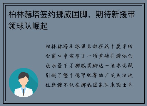 柏林赫塔签约挪威国脚，期待新援带领球队崛起