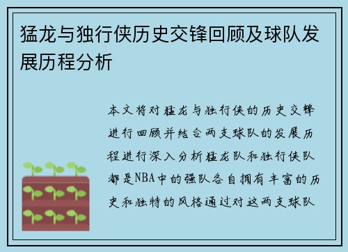 猛龙与独行侠历史交锋回顾及球队发展历程分析