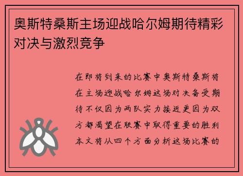 奥斯特桑斯主场迎战哈尔姆期待精彩对决与激烈竞争