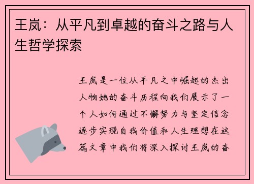 王岚：从平凡到卓越的奋斗之路与人生哲学探索