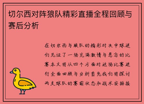 切尔西对阵狼队精彩直播全程回顾与赛后分析