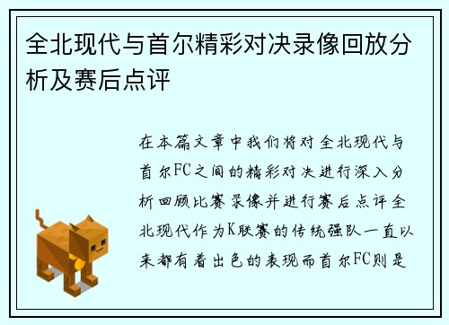 全北现代与首尔精彩对决录像回放分析及赛后点评