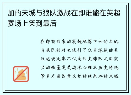 加的夫城与狼队激战在即谁能在英超赛场上笑到最后