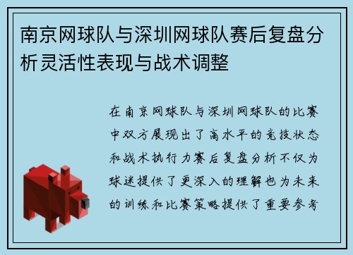 南京网球队与深圳网球队赛后复盘分析灵活性表现与战术调整