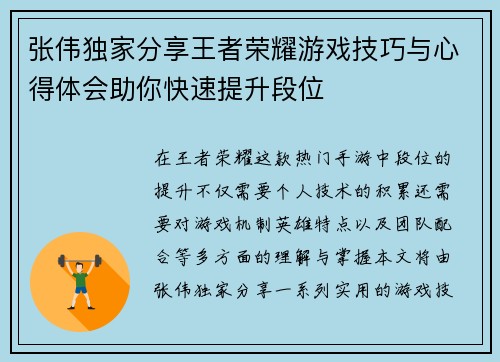 张伟独家分享王者荣耀游戏技巧与心得体会助你快速提升段位