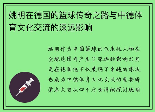 姚明在德国的篮球传奇之路与中德体育文化交流的深远影响