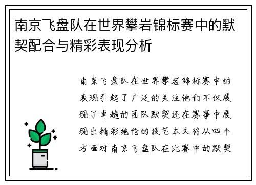 南京飞盘队在世界攀岩锦标赛中的默契配合与精彩表现分析
