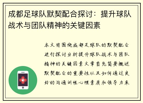 成都足球队默契配合探讨：提升球队战术与团队精神的关键因素